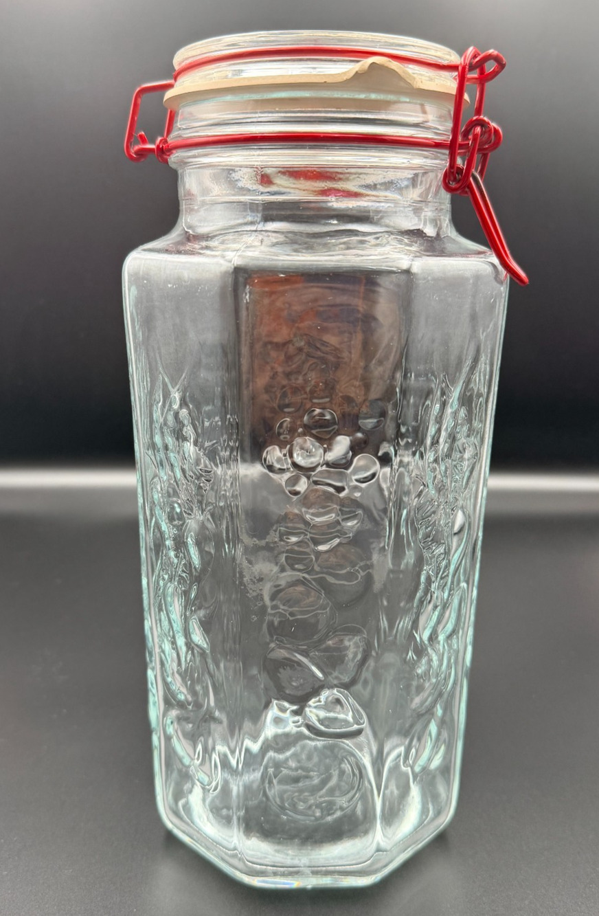 Vintage Glass Storage Jar Octagon Embossed Fruits Vegetable France Red Wire Bale